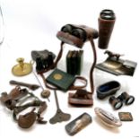 4 x binoculars (all cased & in poor condition) t/w a pair of spurs, 4 x book moneyboxes, Art Deco