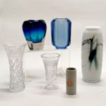 5 x glass vases inc art glass blue vase (14cm), Stuart crystal, Brierley etc - SOLD ON BEHALF OF THE