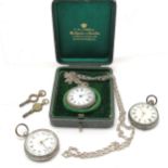 3 x antique ladies silver fob watches, largest 32mm diameter, 1 on a silver marked chain 62cm long