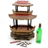 Antique oriental Chinese 3 tiered pagoda with red black & gold paint decoration - 56cm high & 42cm