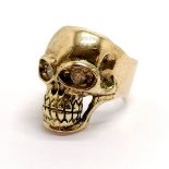 9ct marked gold skull ring engraved 'Or Glory' on the shank & set with 2 x diamond eyes ~ size
