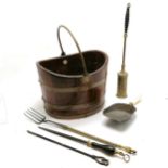 Oak & copper banded coal bucket by R A Lister (38cm across & 44cm total height) t/w antique brass
