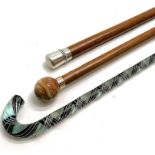 3 x antique walking sticks - agate ball topped, silver topped malacca cane (86cm and has dents to