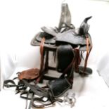 Hand worked western saddle with stirrups, straps etc - 52cm long & 46cm wide