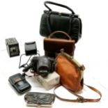 Vintage dark blue lizard skin handbag (30cm across), 2 tan bags, Olympus camera, cameras etc