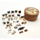 Qty of cufflinks inc Scottie dog, enamel, cloak clip etc in a circular wooden box - SOLD ON BEHALF