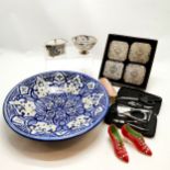 Signed Eastern / Islamic blue & white hand decorated wall charger / dish - 39cm diameter with slight