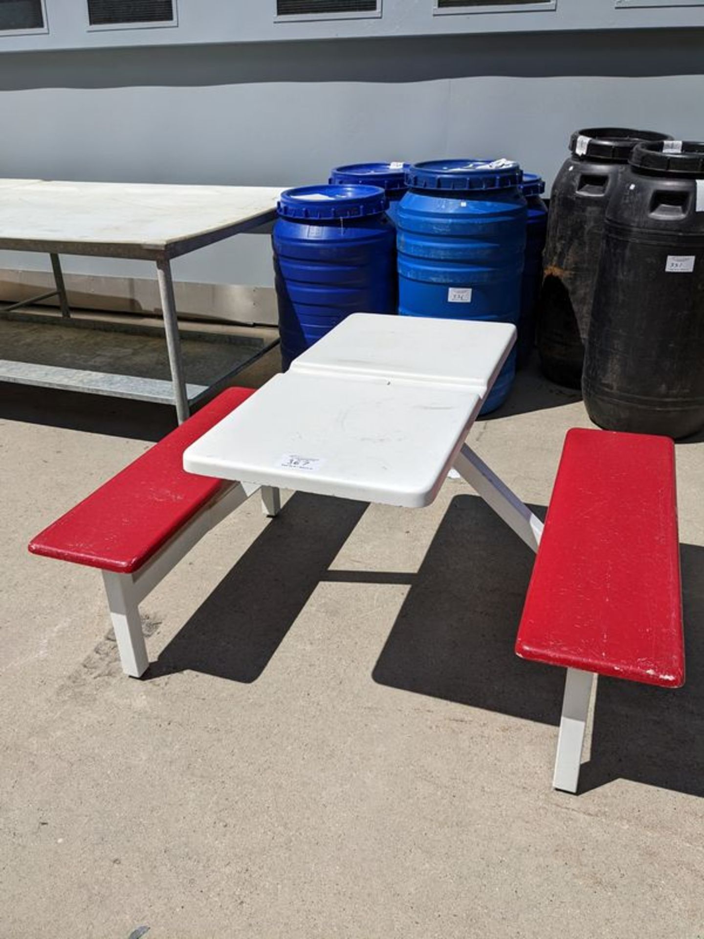 4 Red and White Steel Framed Picnic Tables
