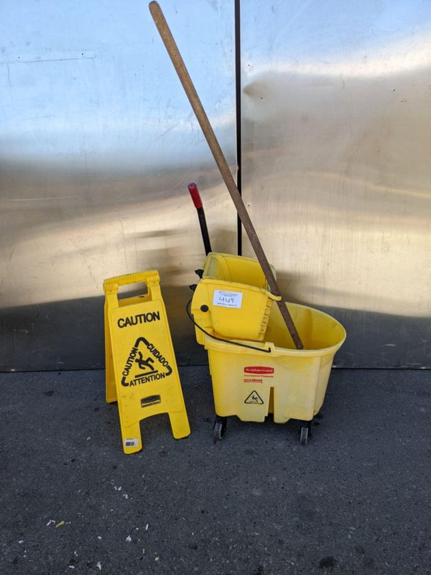 Yellow Mop Bucket with Ringer, Mop and Wet Floor Sign