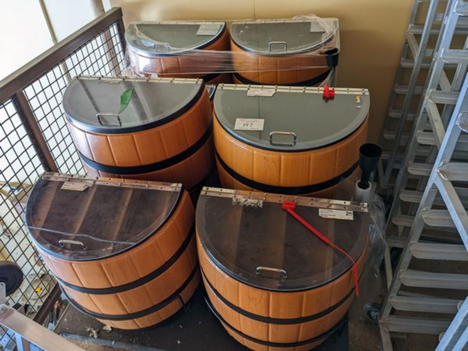 2 Sets of 4 Barrel Bulk Bins on Casters - Price Each Times 2