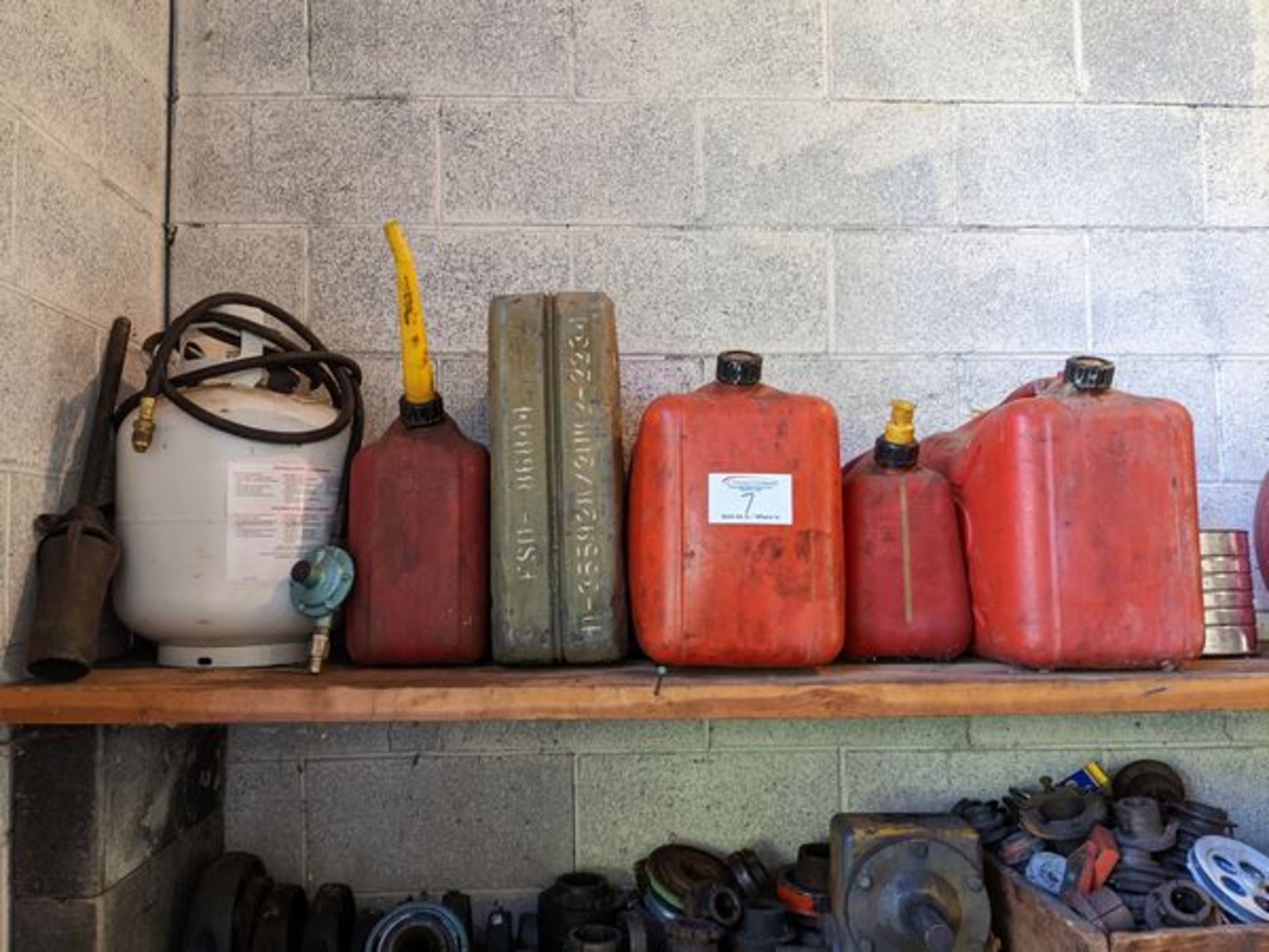 5 Fuel Containers, Propane Tank and Tiger Torch