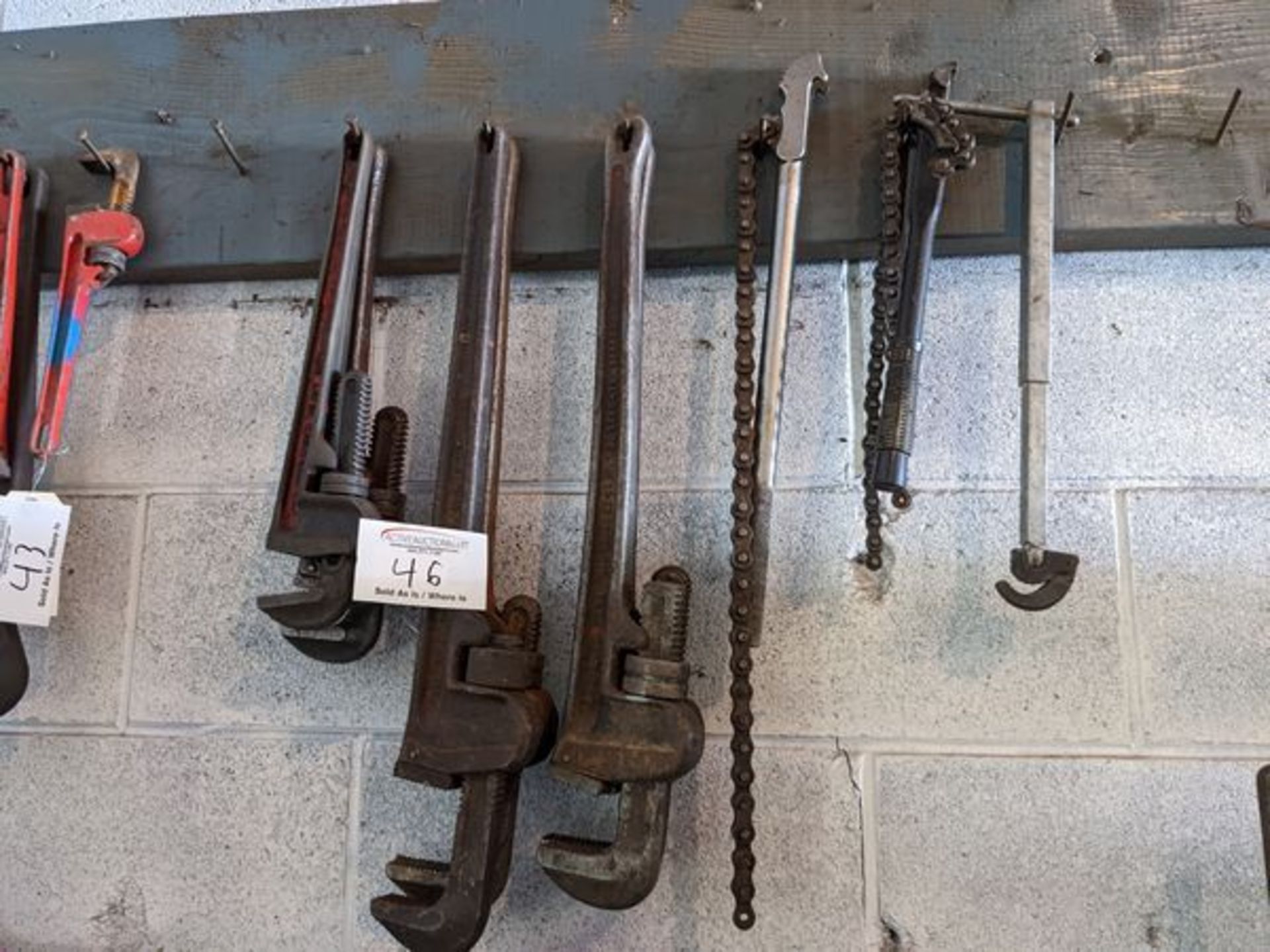 6 Assorted Pipe Wrenches with 3 Pipe Vices
