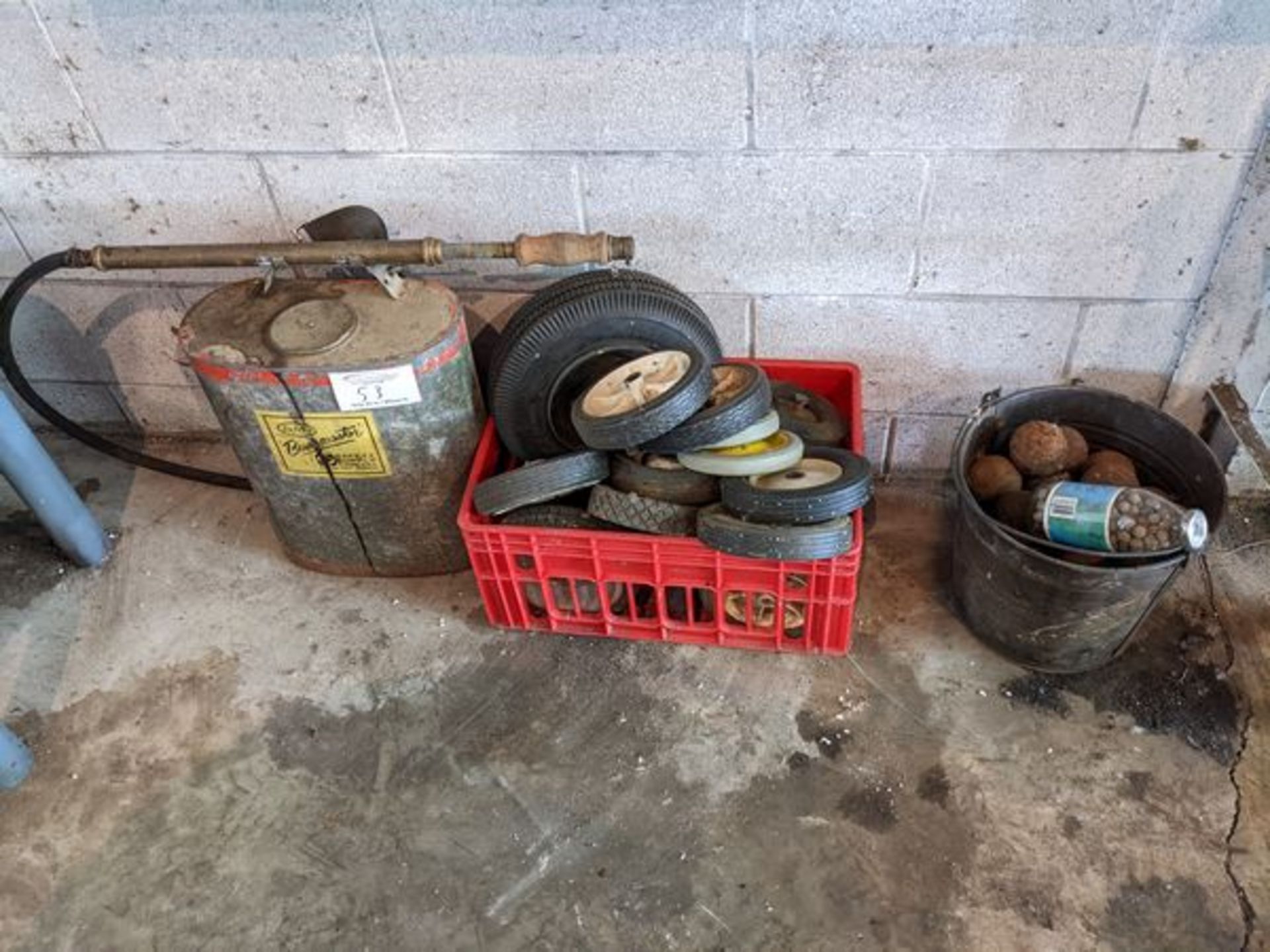 Antique Chemical Sprayer, Crate of Wheels, Crate of Lead Weights