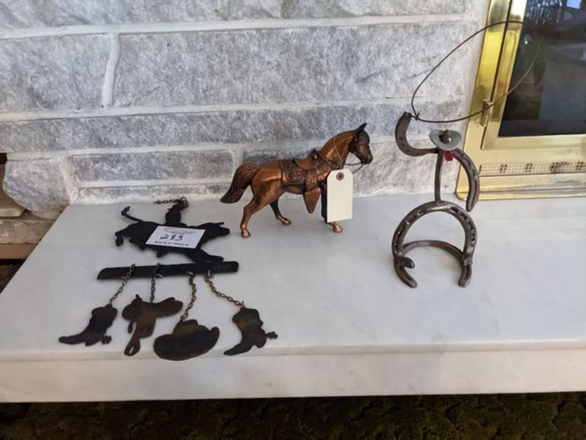 Assorted Wrought Iron Ornaments, Horseshoe Art, Bootjack and Brass - Image 2 of 2