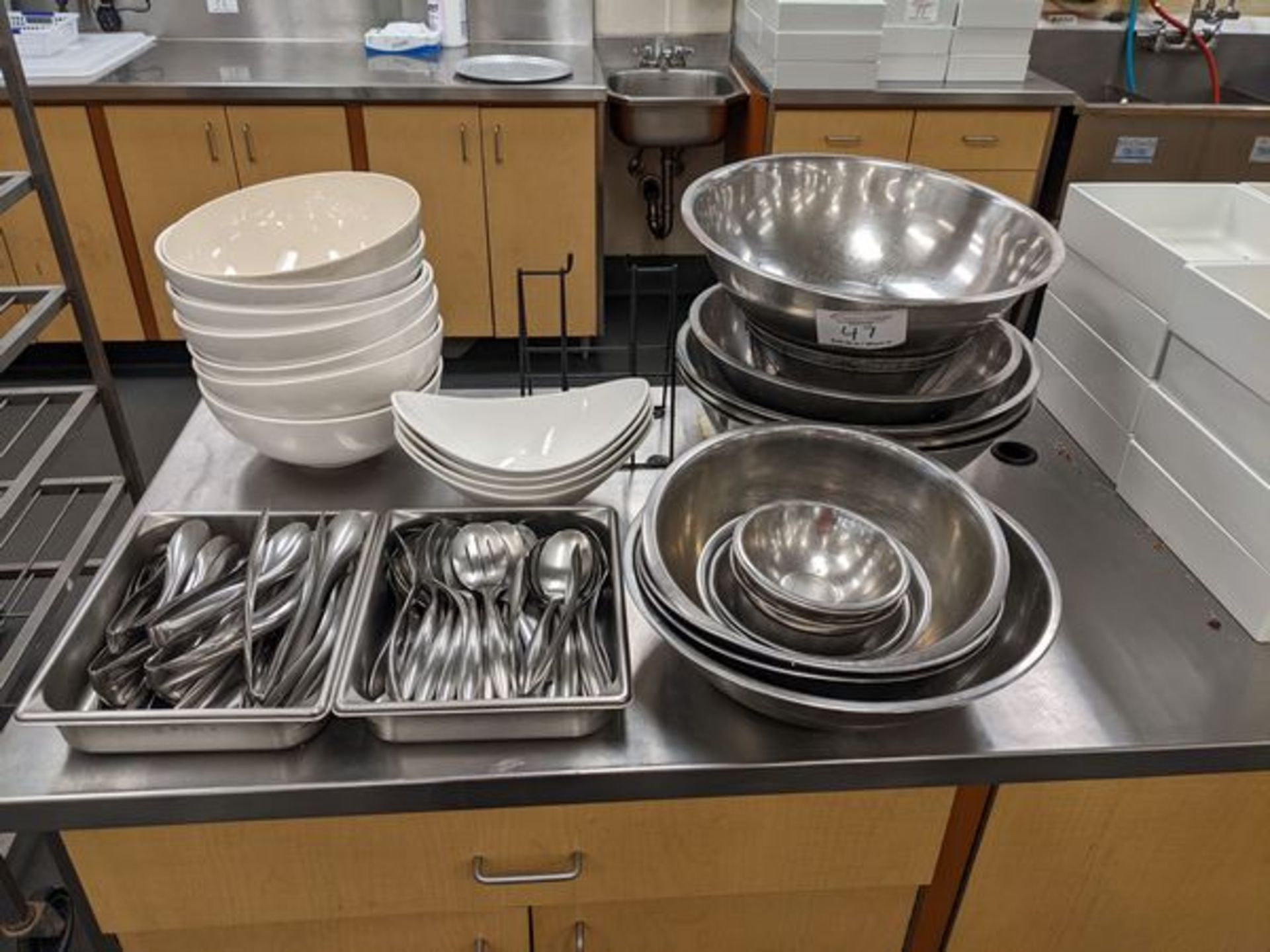 Stainless Steel Mixing Bowls, Assorted Utensils, White Bowls