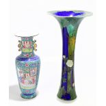 A large and impressive Japanese cloisonne trumpet vase with floral decoration on silver, height