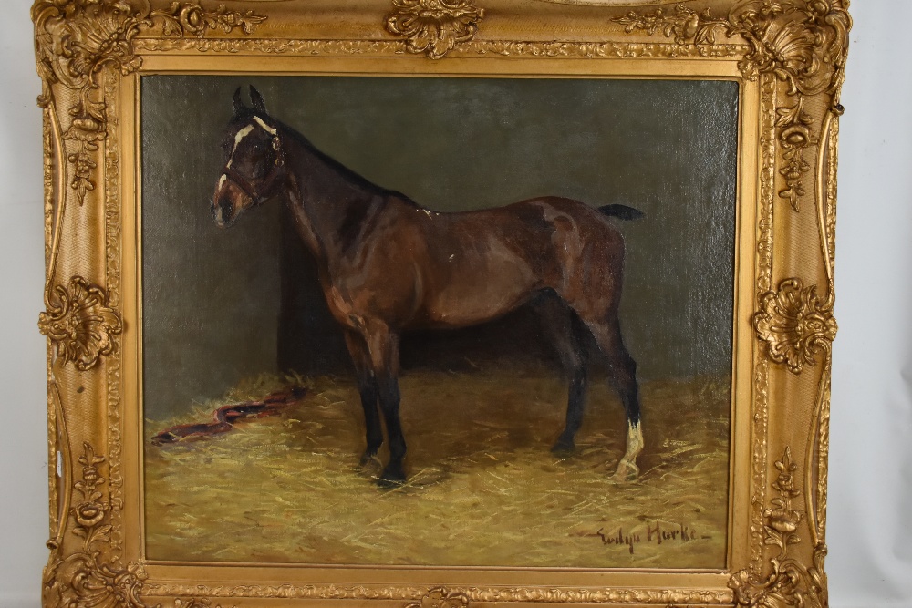 EVELYN HARKE (FL.1897-1919); oil on canvas, study of a hunter in a stable, signed, 50 x 60cm, - Bild 2 aus 7