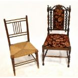 A Victorian rosewood child's chair and a rush seated chair (2).