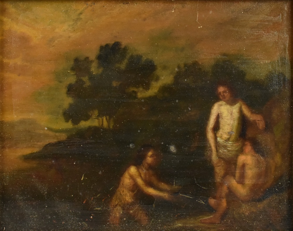 18TH CENTURY ENGLISH SCHOOL; oil on board, landscape with three figures in foreground, 17 x 21. - Bild 2 aus 3