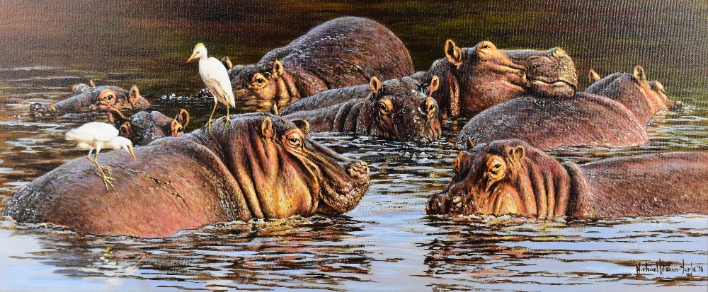 MICHAEL KITCHEN-HURLE; oil on canvas, 'Hippos in the Water', signed and dated 98 lower right, 75.5 x - Bild 2 aus 4