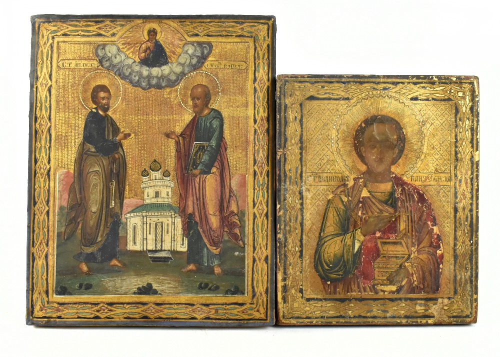 Two late 19th/early 20th century rectangular wooden icons, 17.75 x 14.5cm, and 22.5 x 18cm (2).
