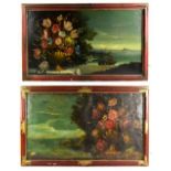 UNATTRIBUTED; a pair of 19th century oils on canvas flowers in an urn beside beach setting,