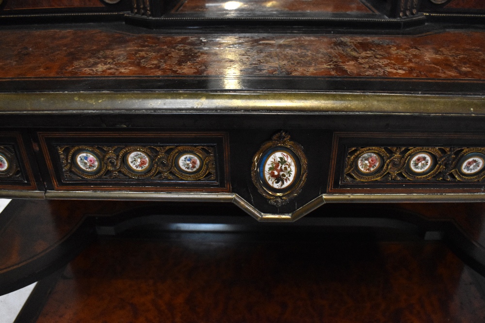 A late Victorian amboyna veneered ebony gilt metal and porcelain mounted bonheur de jour, the - Bild 2 aus 14