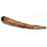 A Congo Tshiela carved ivory sceptre with figural detail and padded top section, length 34cm.