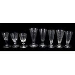 Eight late 18th century and later glasses including a cordial glass, an ale glass, three examples