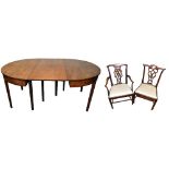 A late George III mahogany D-end dining table with single additional leaf, width 117cm, a set of