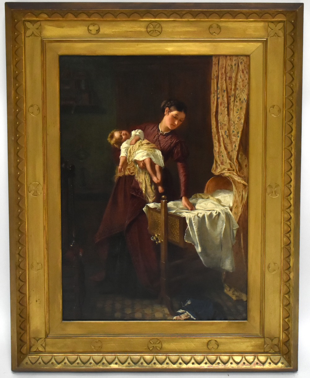 JAMES GOW; oil on canvas, depicting a mother cradling a child and placing her in a crib, signed