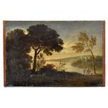 IN THE MANNER OF CLAUDE LORRAIN (French, 1600-1682); oil on oak panel, landscape with setting sun