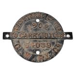 GREAT WESTERN RAILWAY CO; a cast iron railway registration plate to carry tonnage 54039 and dated
