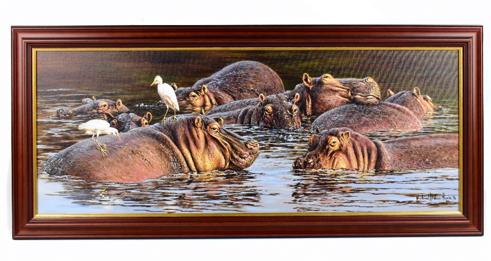 MICHAEL KITCHEN-HURLE; oil on canvas, 'Hippos in the Water', signed and dated 98 lower right, 75.5 x