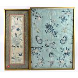 A 19th century Chinese silk panel decorated with a crane in flight surrounding Mon butterfly and