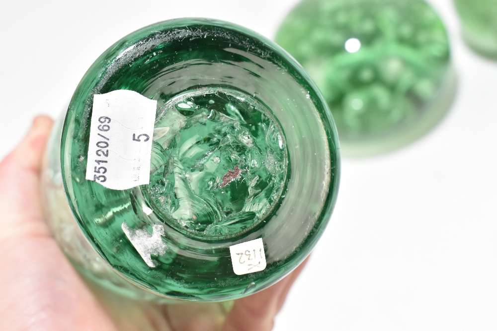 Five Victorian green glass dump weights comprising three examples with internal bubbles and two with - Image 4 of 7