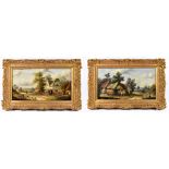 UNATTRIBUTED; a pair of oils on canvas in the 19th century style, landscape with figures,