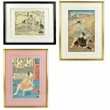 Three Japanese wood block prints, two coloured measuring approx 36 x 24cm, and one black and white