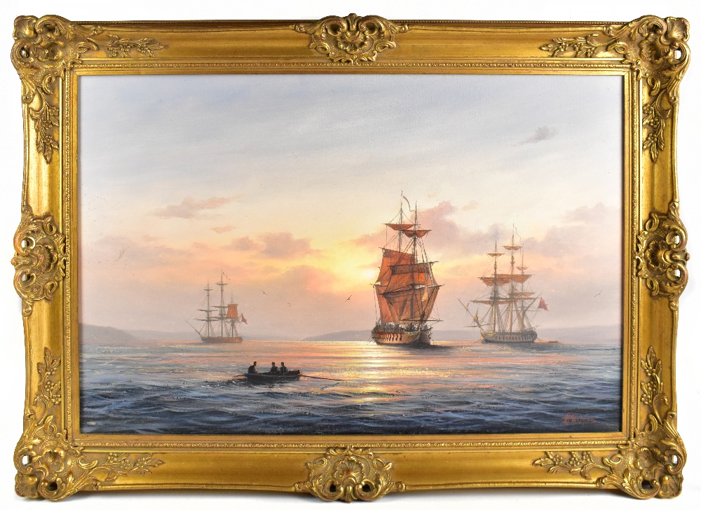 DONALD MACLEOD; oil on canvas, ships in a calm sea, 49cm x 74.5cm, signed, framed. (D)Additional