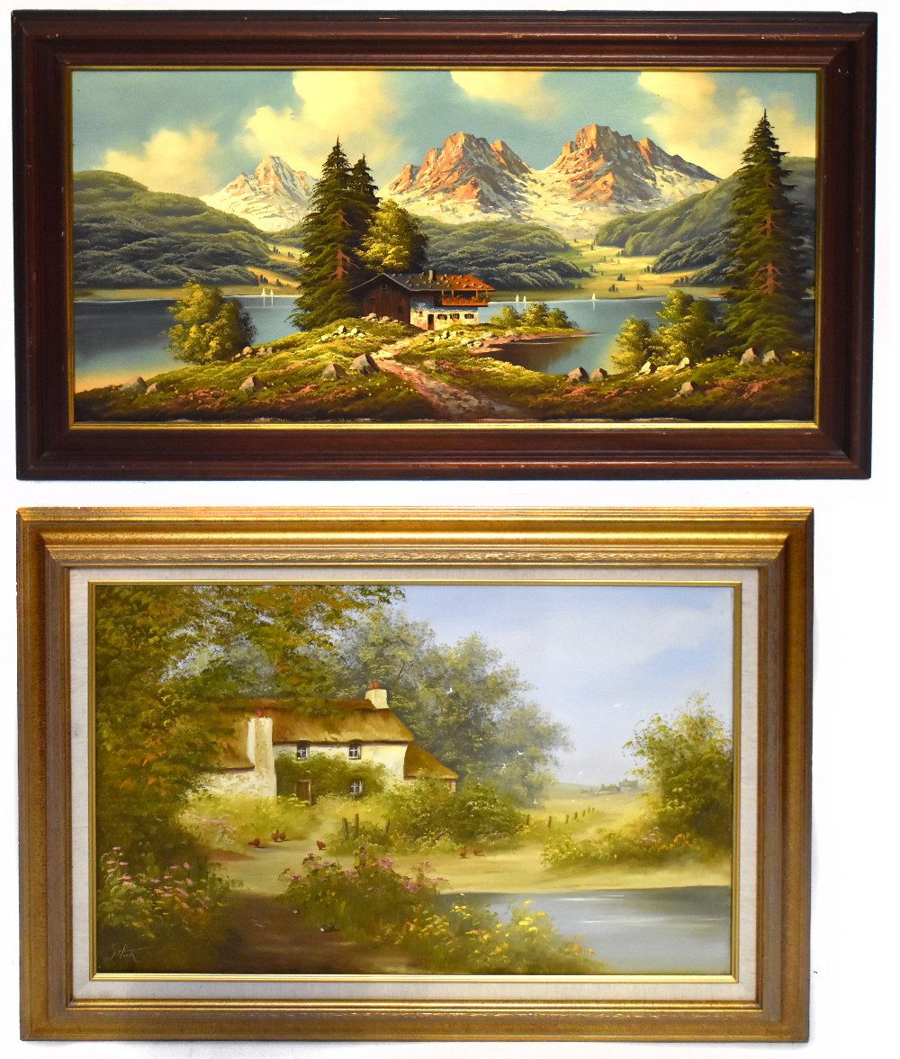 I HEATH; oil on canvas, river landscape with cottage, signed, 50cm x 75cm, with a larger oil