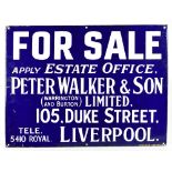 An original advertising Estate Agency enamel sign for Peter Walker & Son (Warrington & Burton)