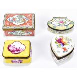 Four decorative ceramic trinket boxes and covers including a German example in the form of heart