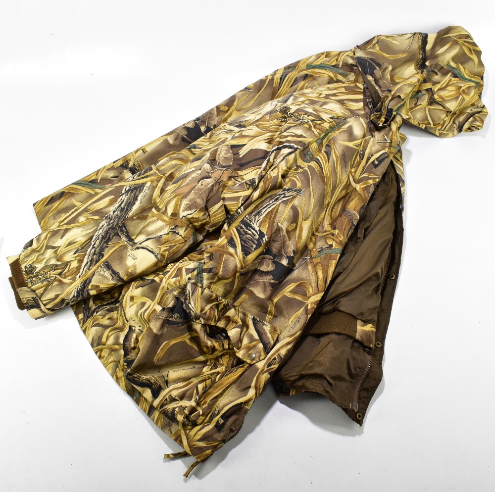 DUCKS UNLIMITED; a Whitewater Outdoors camouflage coat, printed with bullrushes and branches, size