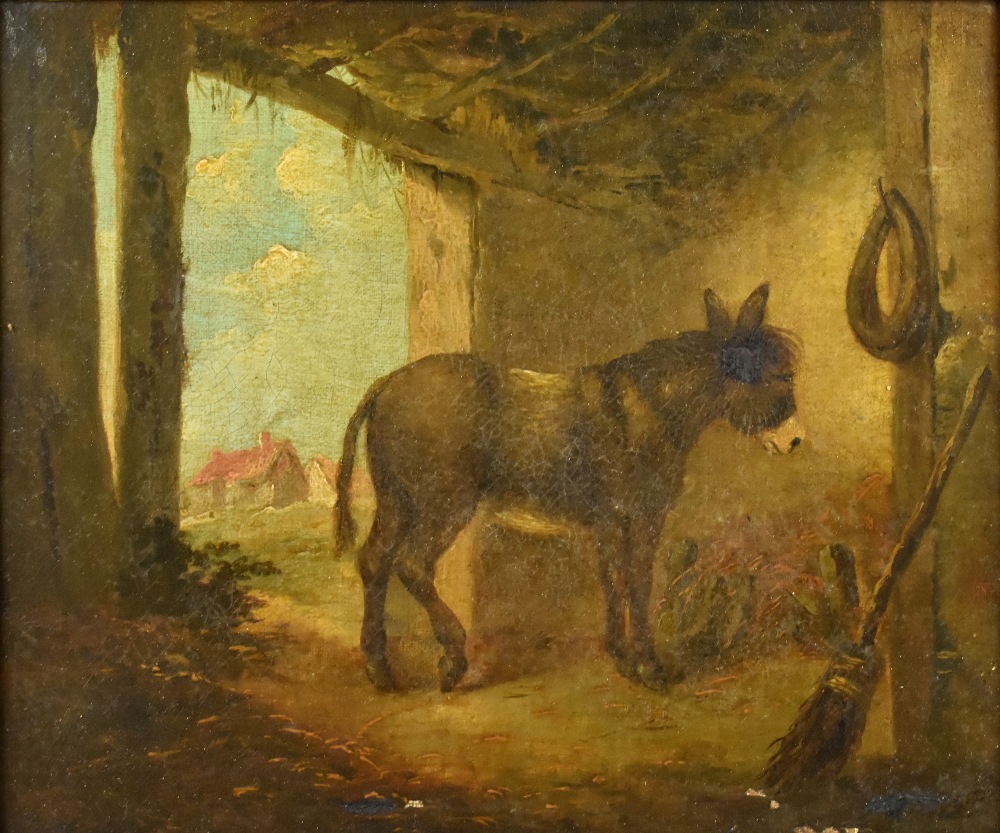 19TH CENTURY ENGLISH SCHOOL; oil on canvas, stable interior with donkey, unsigned, 25 x 30cm, framed - Bild 2 aus 3
