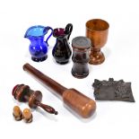 A mixed lot of 19th century and later treen, including pin cushion clamp, also two 19th century