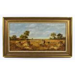 19TH CENTURY ENGLISH SCHOOL; oil on re-lined canvas, figures harvesting hay in a field, unsigned, 21