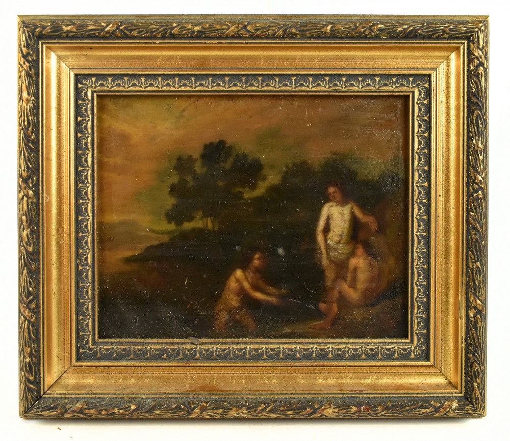 18TH CENTURY ENGLISH SCHOOL; oil on board, landscape with three figures in foreground, 17 x 21.