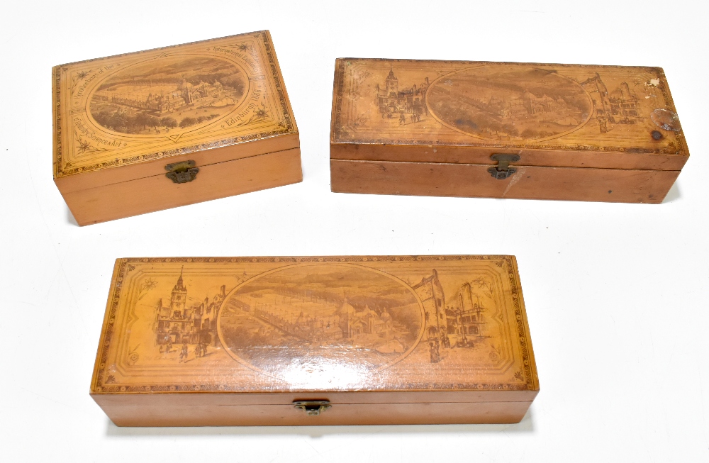 EDINBURGH 1886; three Mauchline ware trinket boxes with printed details to the lid within a matching