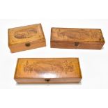 EDINBURGH 1886; three Mauchline ware trinket boxes with printed details to the lid within a matching