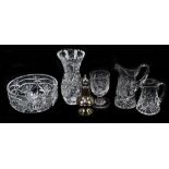 A small collection of glassware including a vase, a jug and bowl, also a toasting cup with